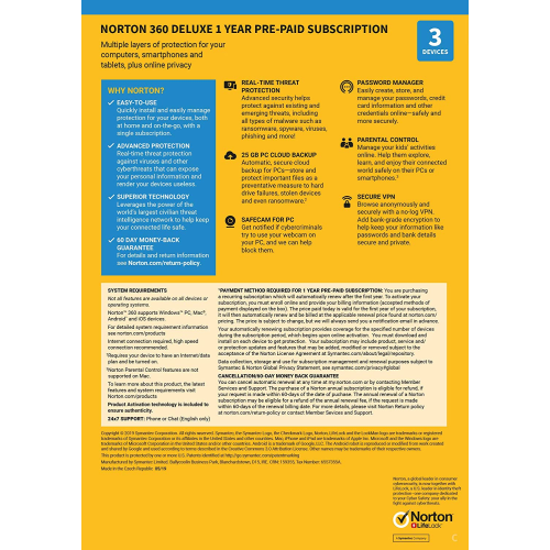 Norton 360 Deluxe | 3 Devices | 1 Year | Credit Card Required | Digital (ESD/EU)