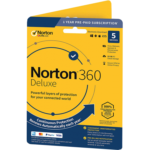 Norton 360 Deluxe | 5 Devices | 1 Year | Credit Card Required | Digital (ESD/EU)