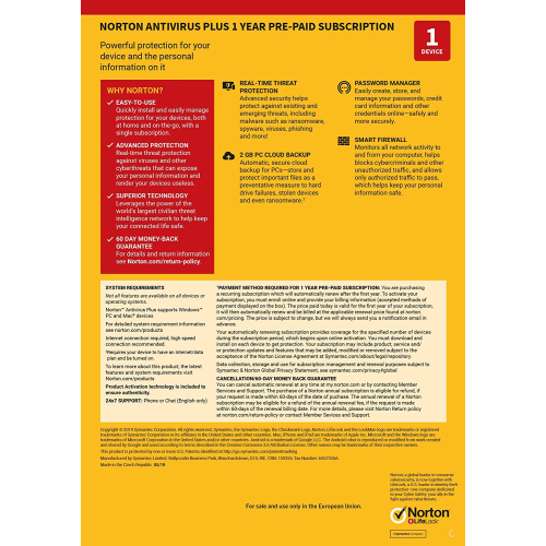 Norton Antivirus 2019 Plus | 1 PC | 1 Year | Credit Card Required | Digital (ESD/EU)