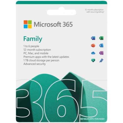 Microsoft 365 Family | Office 365 apps | up to 6 users | 1 year subscription | Multiple PCs/Macs, Tablets and Phones | multilingual | Box